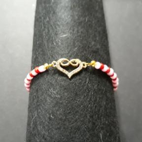 Crystal Heart with Red & White Beads Bracelet With Lobster Clasp