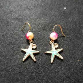 Turquoise Starfish With Pink Bead Earrings