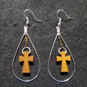 Wood Cross in Tear Drop Earring 